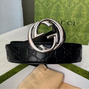Gucci Embossed Black Leather Belt with Silver Emblem